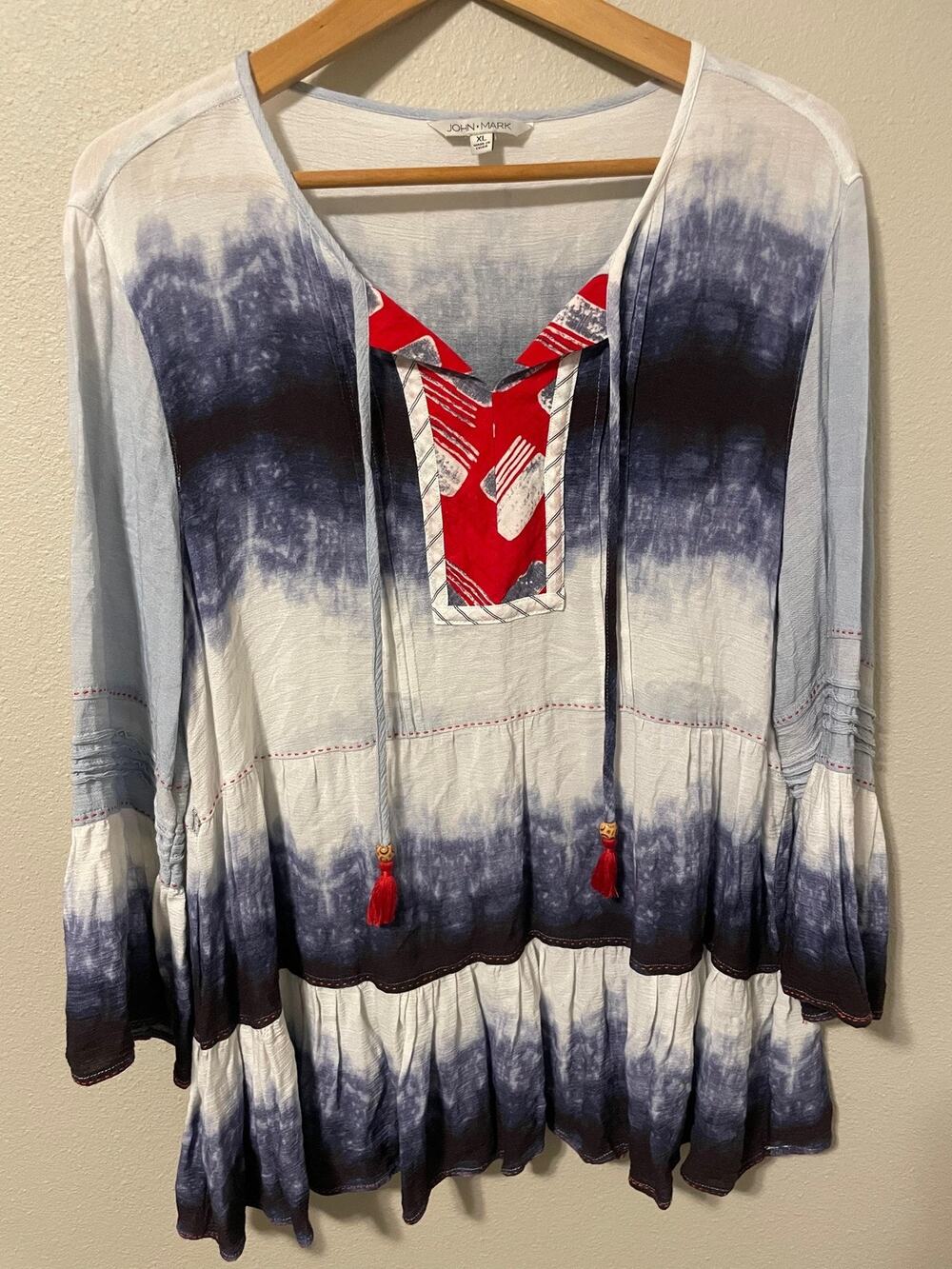 John Mark Tunic Top Womens XL Blue Tie Dye Tassel Bell Sleeve Boho Peasant
